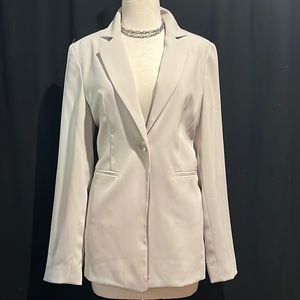 long menswear 1-button blazer-notch collar, welt pockets, ribbon trim-NWT-flaws